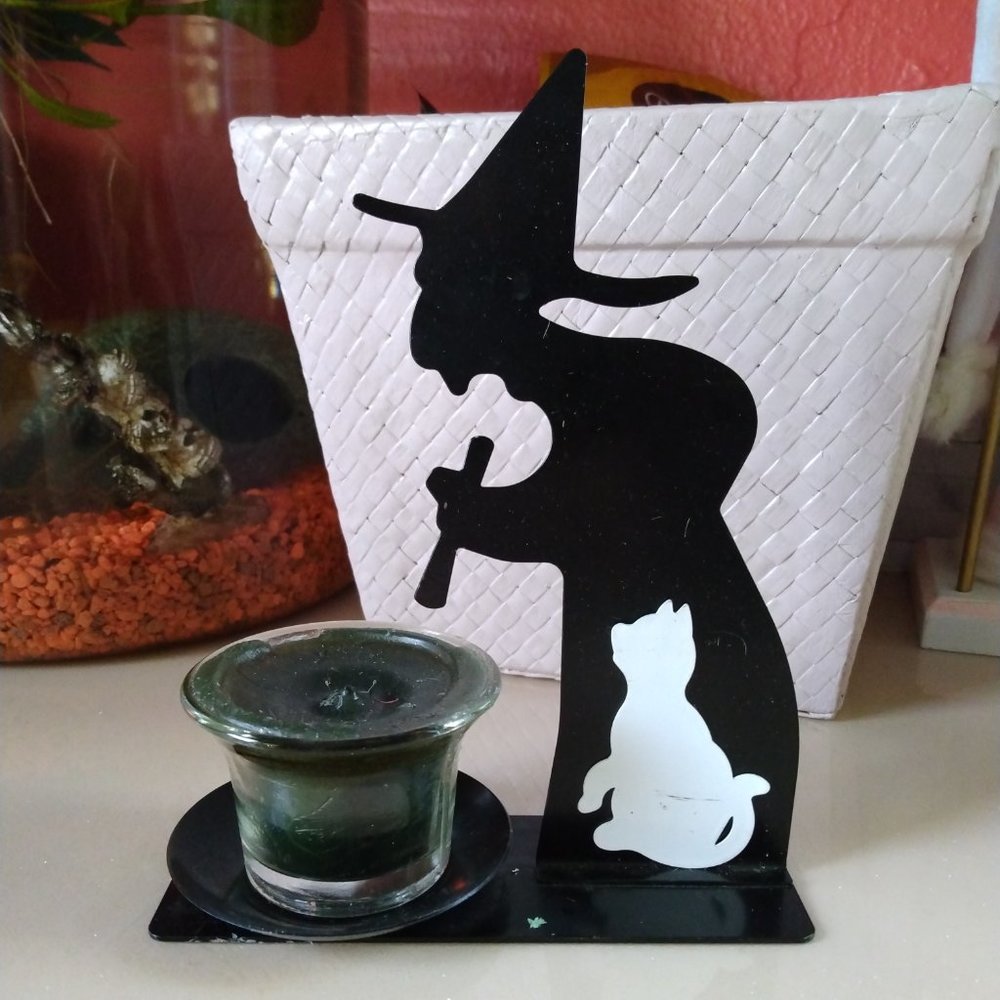 Witch and cat candle holder